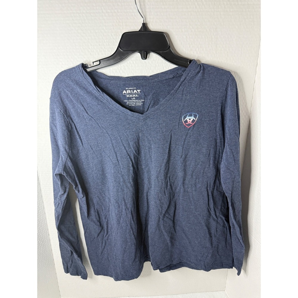 Ariat Womens Relaxed Fit Long Sleeve V Neck T Shirt Top Navy Blue Size Large